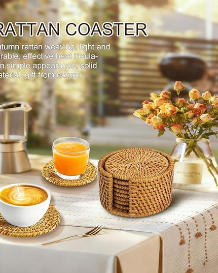 6Pcs Handmade Rattan Coasters with Holder -Woven Coasters for Drinks, Round Rattan Coaster, Rustic Farmhouse Wooden Coffee Table Decor, Kitchen, Dining Room, Housewarming Gift (Brown A)
