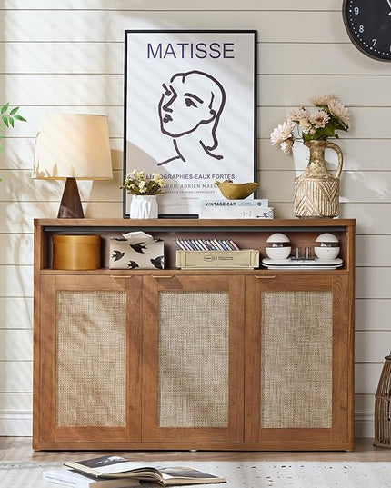 LEYAOYAO Rattan Sideboard Buffet Cabinet,45" Coffee Bar Cabinet with 3 Doors & Open Storage Shelf,Modern Credenza Console Table for Living Room Rattan Farmhouse entryway Brown
