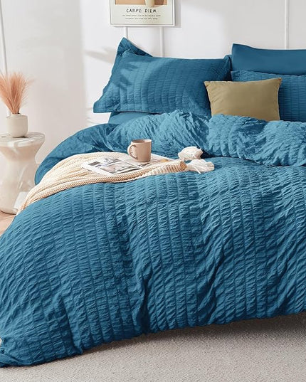 HYMOKEGE Teal King Size Comforter Set Seersucker 7 Pieces, All Season Luxury Bed in a Bag for Bedroom, Bedding Set with Comforters, Sheets, Pillowcases & Shams