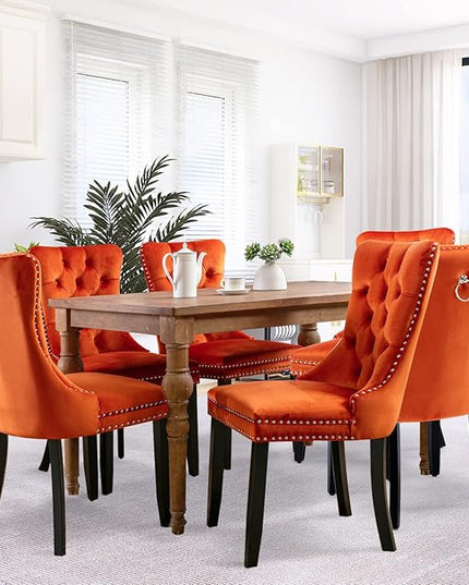 SoarFlash Velvet Dining Chair Set of 8, Upholstered Tufted Dining Room Chair with Nailhead Trim and Solid Wood Leg for Kitchen (Orange)