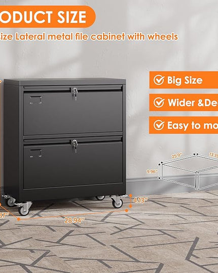 METAN Upgrade 2 Drawers Lateral File Cabinet on Wheels,Steel Office Filing Storage Cabinet with 2 Locks,Assembly Required,Black