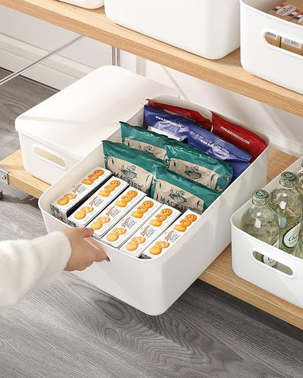 Plastic Storage Baskets Bins Boxes With Lids,Organizing Container White Storage Organizer Bins For Shelves Drawers Desktop Playroom Classroom Office,3-Pack(M+2S)