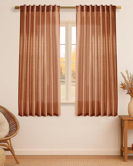 XTMYI Burnt Orange Curtans 63 Inch Length for Bedroom,Sheer Linen Light Filtering Fall Autumn Farmhouse Drapes for Living Room Decor