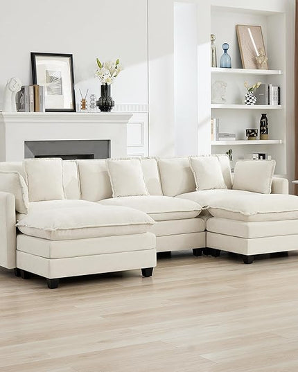 111'' Sectional Cloud Deep Seat Couch, Oversized Chenille U Shaped Sectional Sofa for Living Room Set, Comfy Upholstered Modular 5-Seats Sectional Sofa Couch with 2 Movable Ottoman, Beige
