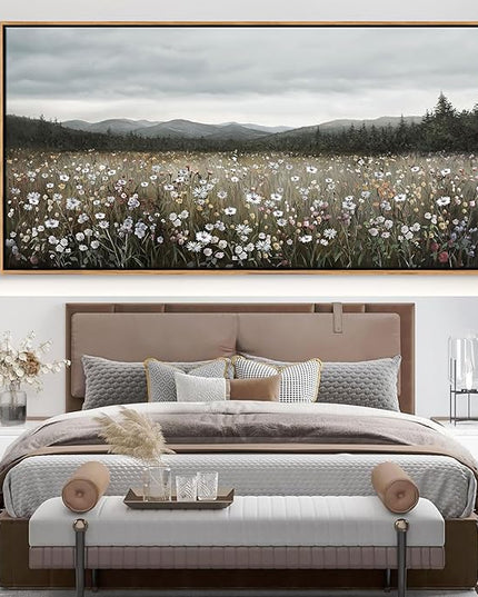 HGUAOA Vintage Landscape Wall Art for Bedroom and Living Room - Large Floral Artworks Farmhouse Wall Decor - Framed Neutral Nature Pictures - Above Bed Wall Decor with Mountain Scenery 29×58IN
