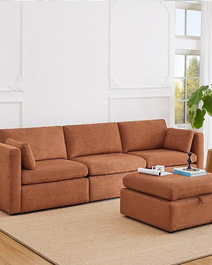 CHITA Modular Sectional Sofa, FSC Certified L Shaped Cloud Couch, Modular Sectional Couch, 112 inch Width,4 Seat Modular Sofa with Storage Ottoman, Terracotta