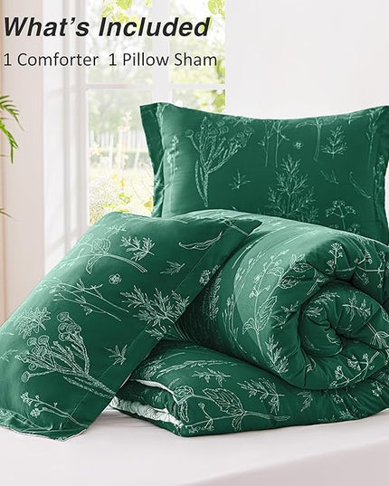 Love's cabin Emerald Twin Comforter Set - Twin XL Size Comforter Set Dorm Bedding, 2 Pieces Cute Floral Bedding, Soft Reversible Flowers Comforter, 1 Comforter & 1 Pillow Sham