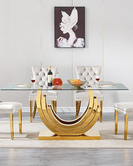 Henf 5-Piece Glass Dining Table Set with 4 Upholstered Dining Chairs,Large Glass Dining Room Table Set for 4, Modern Kitchen Table Furniture for Dining Room, Gold Dining Table and Chair Set for 4