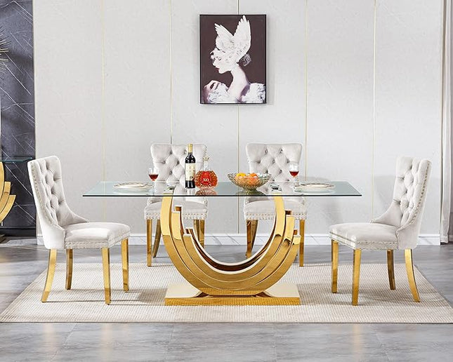 Henf 5-Piece Glass Dining Table Set with 4 Upholstered Dining Chairs,Large Glass Dining Room Table Set for 4, Modern Kitchen Table Furniture for Dining Room, Gold Dining Table and Chair Set for 4