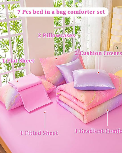 Rainbow Bedding Set Full Size – 7 Piece Reversible Girls Comforter with Deep-Pocket Sheet, Gradient Galaxy Design, Whole-Piece Filling, Machine Washable Bed-in-a-Bag for Kids Room Makeover & Gifts