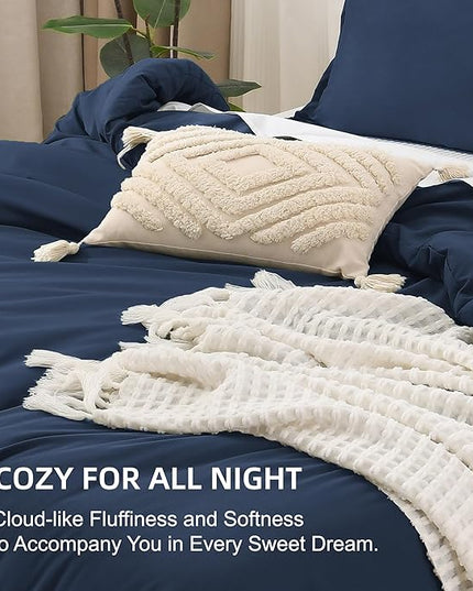 Litanika Navy Blue Comforters Oversized Queen Size, 3 Pieces Lightweight Solid Bedding Comforter Set, All Season Fluffy Bed Set (98x98In Comforter & 2 Pillowcases)