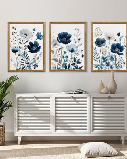 DUWQU 3 Pcs Blue Floral Canvas Wall Art, Wood Framed Navy Blue Wildflower Lily Daisy Art Wall Decor, Watercolor Botanical Flower Home Poster Art Prints for Living Room Bedroom Bathroom 16×24 Inches