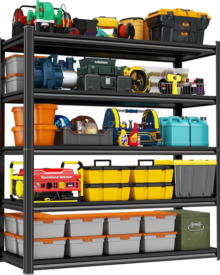 Storage Shelves, Garage Metal Shelving Unit, Adjustable, Double-Layer Column with Reinforced Ribs, Heavy-Duty, Capable of Bearing 600-3600 lbs (Black, 63 * 45 * 18, 5-Tier)