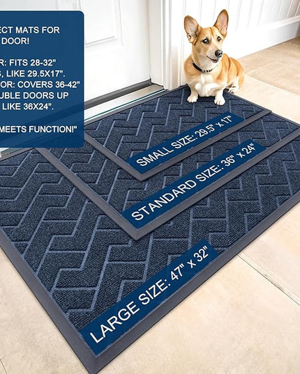 OLANLY Front Door Mat Indoor Outdoor Entrance, Waterproof All-Season, All-Weather Doormat, Sturdy Natural Rubber, Low Profile, Easy Clean Patio Porch Entryway Mat, Herringbone Brick (Blue, 36x24)
