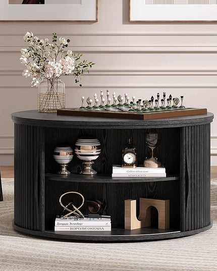 Round Coffee Table with Storage, 31.5" Drum Coffee Table with Lifting Top, Small Fluted Accent Center Table for Living Room, Black