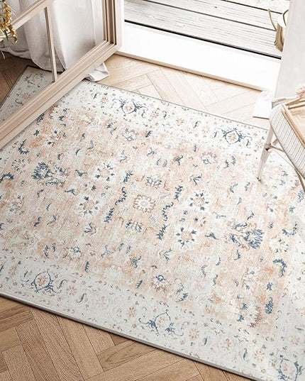 jinchan Area Rug 2x3 Entryway Rug - Washable Vintage Floral Doormat Small Door Mat Indoor Boho Lightweight Thin Non-Slip Retro Distressed Carpet for Doorway Kitchen Bathroom Bedroom Pink Blush