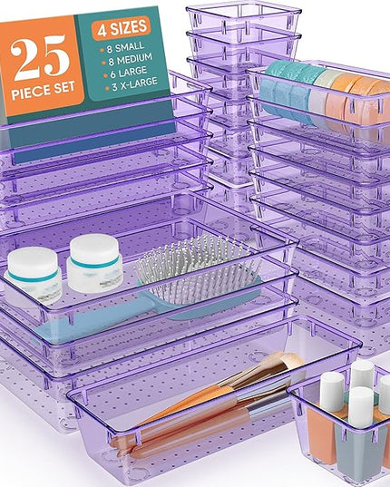 WOWBOX 25 PCS Plastic Drawer Organizer Set, Desk Drawer Divider Organizers and Storage Bins for Makeup, Jewelry, Gadgets for Kitchen, Bedroom, Bathroom, Office, Clear Purple