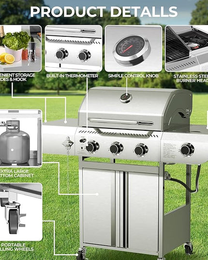 G31 pro Gas Grill 34,000 BTU 3-Burner Propane Grill with Side Burner, Stainless Steel BBQ Grill, Cast Iron Grates & Portable Cart with Wheels，Outdoor Barbecue Grill for Backyard, Patio, Camping