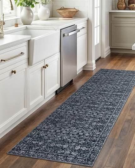 2x6 Washable Runner Rug for Hallways, Black Soft Neutral Vintage Kitchen Rugs with Non-Slip, Non-Shedding Distressed Floral Carpet for Bedroom Porch Laundry Entryway