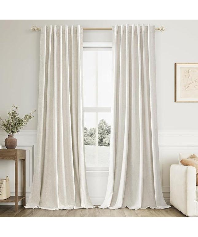 Guken Cream Linen Blackout Curtains 100 Inch Length 2 Panels Set for Living Room Bedroom Back Tab Thermal Insulated 100% Black Out Linen Drapes Room Darkening Window Curtains