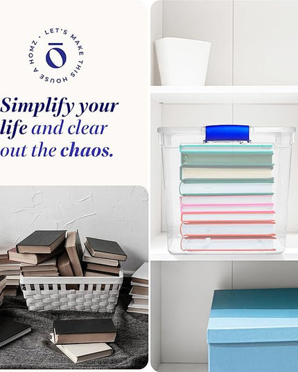 HOMZ 4-Pack Latching Lid, Large Clear Plastic Storage Bins with Lids, 31 Quart, Blue Latch - Stackable Container Boxes for Home, Bathroom, and Office Organization