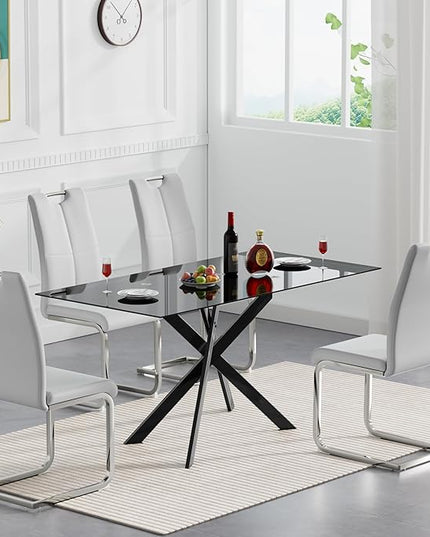 HomVent 5 Pieces Rectangular Glass Dining Table Set, Black Glass Dining Table for 4 Kitchen Table Set with 4 PU Dining Chairs for Kitchen Dining Room
