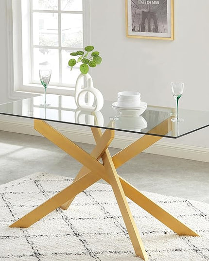 Edwin's Choice 58.5” Rectangle Glass Dining Table, Tempered Glass Table Top and Metal Tubular Legs, Modern Style Table for Home, Kitchen, Dining Room 58.5”Lx29”Wx30”H, Gold
