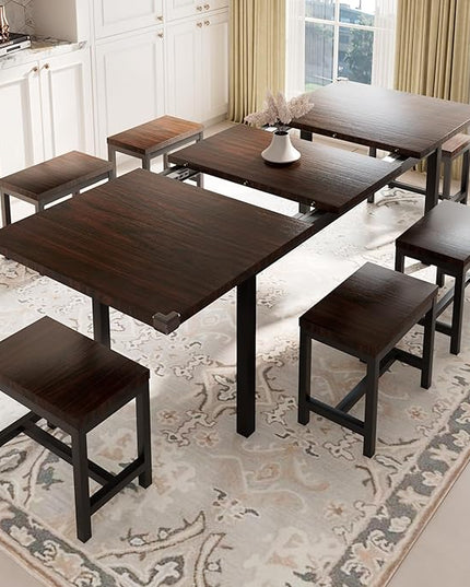 Feonase 7-Piece Dining Table Set with 6 Stools, 63 Inch Extendable Kitchen Table for 4-8, Kitchen Room Set with MDF Board & Metal Frame, Farmhouse Table, Space-Saving, Espresso
