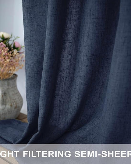 Navy Curtains 38 Inch Width for Kitchen Door 2 Panel Back Tab Pocket Semi Sheer Linen Light Filtering Skinny Small Window Curtain for Bedroom Closet Laundry Basement Bathroom Wide 38x63 Long Dark Blue