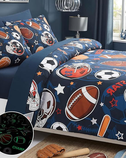 Twin Comforter Set for Boys-5 Pieces Sports Ball Games Glow in The Dark Twin Bedding Sets for Kids, Ultra Soft Bed in A Bag with Sheets