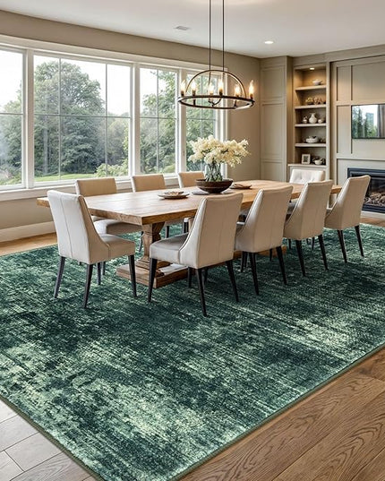 IOHOUZE Abstract Area Rugs 9x12 Ft Washable Large Rugs for Living Room, Non Slip Dining Room Rug, Printed Faux Wool Rugs for Bedroom, Floor Carpet for Office Nursery Playroom, Dark Green