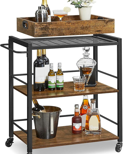 VASAGLE Kitchen Serving Cart with Removable Tray, 3-Tier Kitchen Utility Cart on Wheels with Storage, with Brakes, Leveling Feet, 15.7 x 28.3 x 33.9 Inches, Rustic Brown and Black ULRC72X