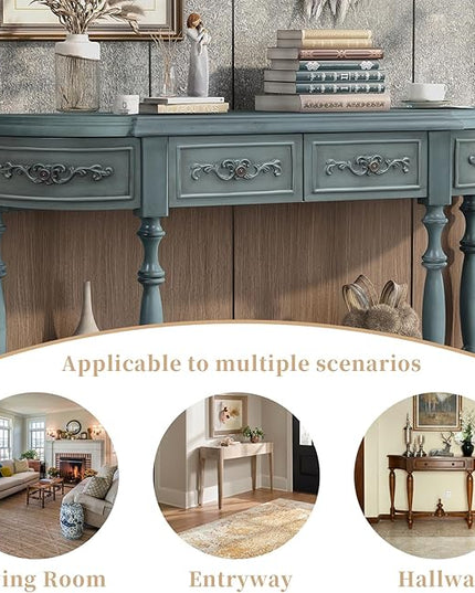 HMFULE Retro Curved Console Table, 52" Solid Wood Half Moon Console Table Sofa Table with 4 Drawers 1 Open Shelf for Living Room,Entryway,Hallway,Antique Blue