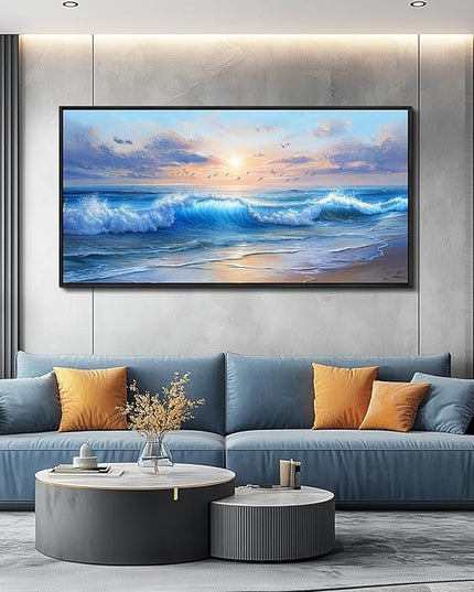 XIGUANGART Canvas Wall Art For Living Room Blue Sea Wave and Large Coastal Beach Paintings Sunrise Seascape Pictures Artwork Ocean Home Decorations Wall Decor for Bedroom Bathroom Hallway Office