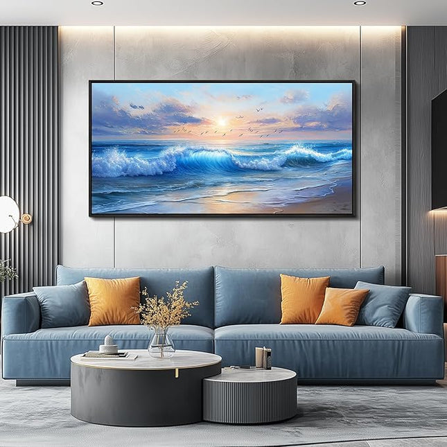 XIGUANGART Canvas Wall Art For Living Room Blue Sea Wave and Large Coastal Beach Paintings Sunrise Seascape Pictures Artwork Ocean Home Decorations Wall Decor for Bedroom Bathroom Hallway Office