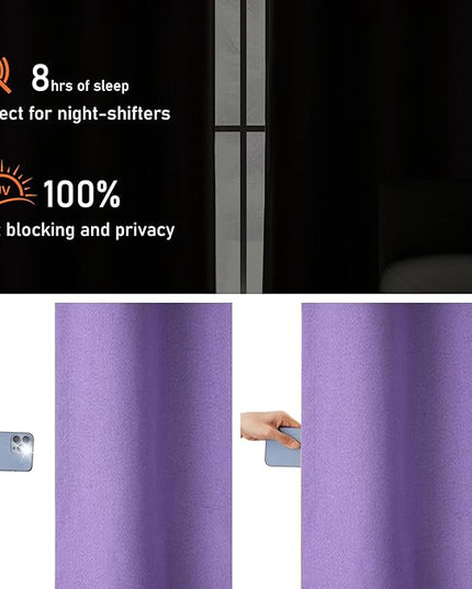 100% Blackout Purple Curtains 64 Inch Length for Bedroom, Linen Textured Heat Blocking Thermal Insulated Grommet Drapes for Kitchen, Purple, W37 x L64, 2 Panels