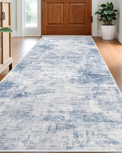 IOHOUZE Abstract Runner Rug 3x8 Ft Washable Runners for Hallways, Non Slip Kitchen Runner Printed Faux Wool Entryway Runner Indoor, Modern Abstract Floor Carpet for Hall Bedroom, Light Blue White