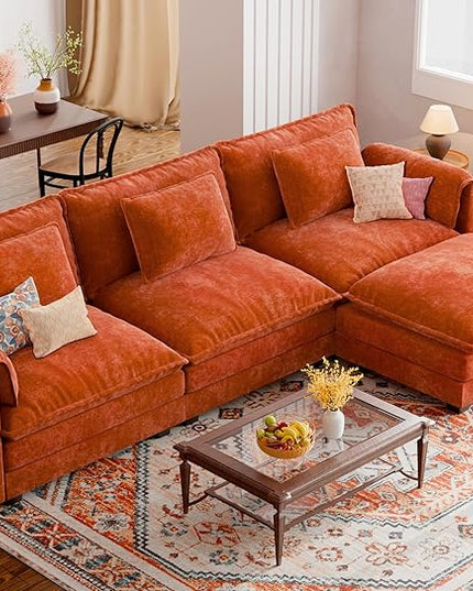 ELUCHANG Oversized 113" Modular Sectional Sofa, Comfy Cloud Couch, L Shaped Deep Seat Sofa Couches for Living Room, 4-Seater Modern Sofa with Movable Ottoman, DIY Combination - Chenille Terracotta