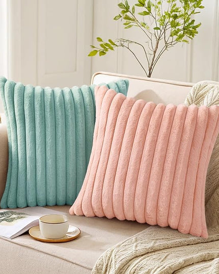 Pallene Faux Fur Plush Throw Pillow Covers 20x20 Set of 2, Luxury Soft Fluffy Striped Decorative Pillow Covers for Sofa, Couch, Living Room, Aqua