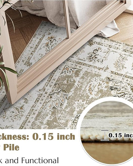 jinchan Fiora Floral 3x5 Area Rug for Entryway - Machine Washable Taupe Vintage Distressed Design Doormat Non-Slip Ultra-Thin Low Pile Boho Rug for Kitchen Living Room Bedroom Farmhouse (3'x5', Taupe)
