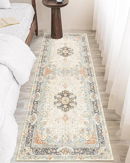 Washable Runner Rug 2x6,Vintage Rug Runners Non Slip,Long Boho Rugs for Hallways Kitchen Bedroom Entryway Living Room Bathroom,Bohemian Distressed Floor Carpet,Retro Blue Grey Floral