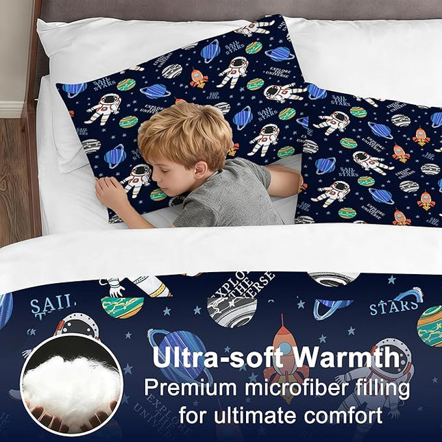 Space Bedding Set Twin Size for Boys Blue Bed Set Soft Kids Cartoon Outer Space Comforter Set for All Seasons Astronaut Rocket Themed Bedding Microfiber Galaxy Room Decor for Boys