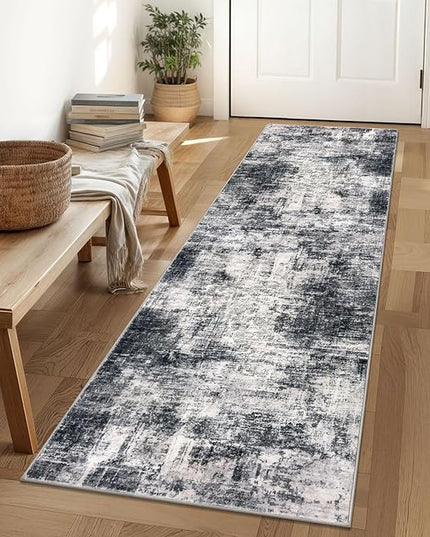 IOHOUZE Abstract Runner Rug 2x6 Ft Washable Runners for Hallways, Non Slip Kitchen Runner Printed Faux Wool Entryway Runner Indoor, Modern Abstract Floor Carpet for Hall Kitchen Bedroom, Black Gey