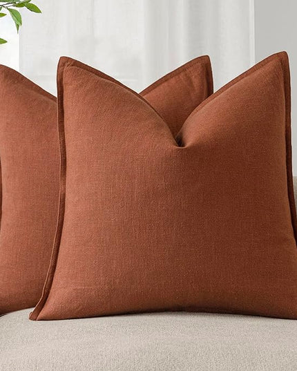 Foindtower Pack of 2, Decorative Linen Soild Throw Pillow Covers Soft Accent Cushion Case Farmhouse Neutral Pillowcase for Chair Couch Sofa Bedroom Living Room Home Decor 16 x 16 Inch Fall Rust Orange