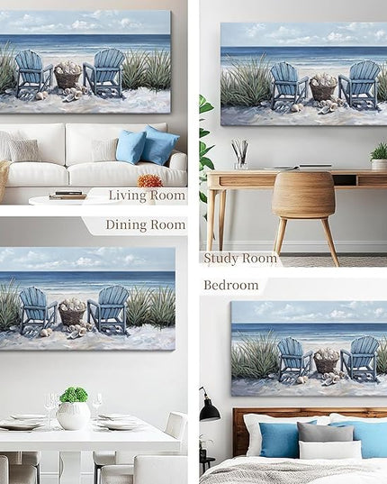 HGUAOA Coastal Wall Art - Large Landscape Wall Paintings for Living Room, Bedroom Pictures, Ocean Beach Artwork, Blue Wall Art, Above Bed Decor, Coastal Landscape Beach Pinting