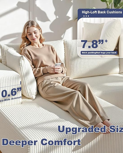 138" Boneless Couches for Living Room, Modular Cloud Couch Sofa - 4 Pieces L Shap Corduroy Sectional Sofa, Fluffy Memory Foam Sleeper Sofa Furniture, No Assembly, Wide Armrest, Beige