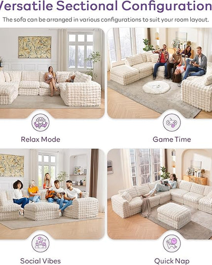 TYBOATLE 135’’ Boneless Slow-Rebound Memory Foam Couch, Cloud Sectional Couches for Living Room w/Upgraded Fabric, Deep Seat Comfy Fluffy U Shaped Modular Sectional Sofa w/Chaise (Beige, 8U)