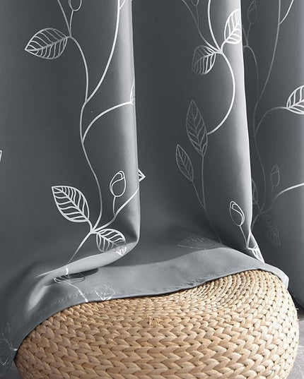 BUHUA Heat Blocking Curtains, Black Out Curtains 72 Inch Long 2 Panels Burg, Soundproof Curtains with Silver Leaf Printed (52 x 72 Inch,Grey,Set of 2 Panels)