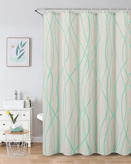 Mint Green Modern Farmhouse Linen Shower Curtain, Country Cottage Bathroom Decor Striped Minimal Boho Textured Linen Shower Curtain Set with Hooks, 72x72