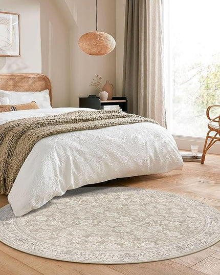 6' Round Rug Washable Rug for Entryway, Cream Beige White Grey Soft Non-Slip Area Rugs Distressed Floral Low-Pile Carpet, Neutral Vintage Circle Rugs for Living Room Dining Bedroom Foyer